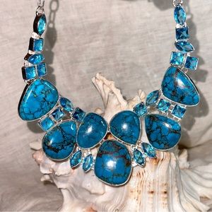 Gorgeous Kingman Turquoise + Blue Topaz multi-gem statement cluster necklace